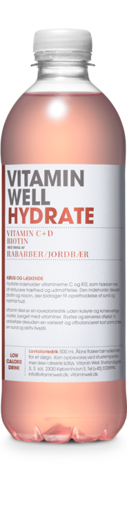 Vitamin Well HYDRATE, rabarber/jordbær, vitamindrik, plast, 0.5 l., 12 stk.